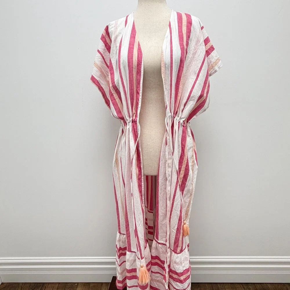 Faherty Stripe Longline Duster Coverup Carmine Pink White Size One Size